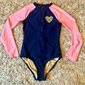 Old Navy Girls Navy One-Piece Zip Up Rashguard Swimsuit with Pink Sleeves L EUC